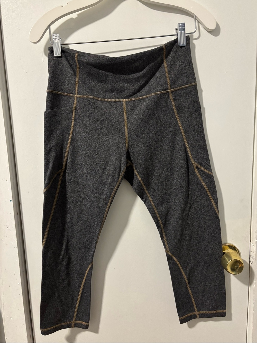 Athleta Dark Gray Leggings with Tan Stitching